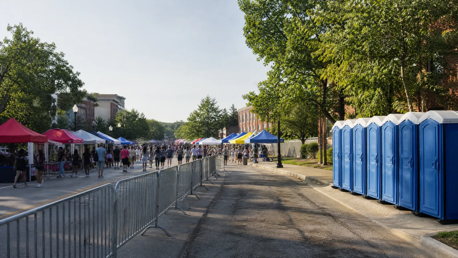 Portable restroom positioned beside a shaded outdoor event lawn in Omaha, Nebraska